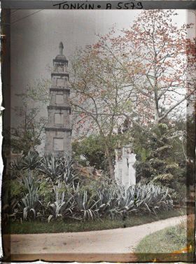 Image représentant Un petit édifice religieux, environné d'agaves et de kapokiers, près du Petit lac