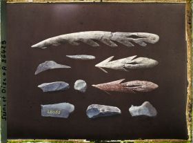 Image représentant France, St Germain-en-Laye, Musée : Grotte du Mas d'Azil, Couche des galets Coloriés; harpons en bois de Cerf; Burins, pointes et grattoirs