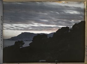 Image représentant Ligne arborée près de la villa Kahn, dite villa Zamir, se découpant à contre-jour vers Monaco