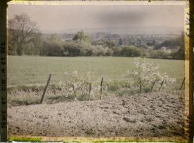 Image représentant Seine et Oise, St Nom la Bretèche, Cerisiers sauvages, champ de blé et, dans le fond, le village