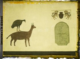 Image représentant Décor peint d'antilope, oiseau-cardinal et lions sur la djononho ou case des étrangers dans la première cour du palais de  null Glélé