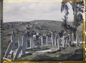 Image représentant Dalles et cippes funéraires du cimetière d'Eyüp et maisons construites sur la colline