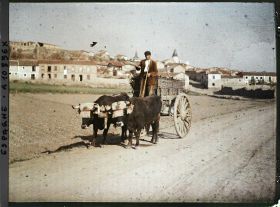 Image représentant Espagne, Astorga, Un tombereau de fumier attelé de 2 Taureaux noirs.