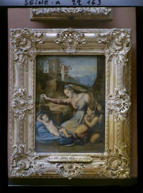 Image représentant La Vierge à l'Enfant avec le petit saint Jean, dite La Vierge au voile ou La Vierge au diadème bleu, Il Fattore ou atelier de Raphaël, musée du Louvre
