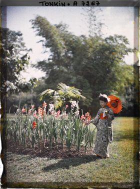 Image représentant Une jeune Japonaise en kimono, avec une ombrelle rouge, devant un massif de glaieuls