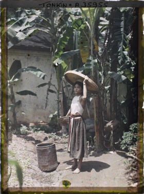 Image représentant Une jeune fille en cache-sein dans un coin de cour planté de bananiers