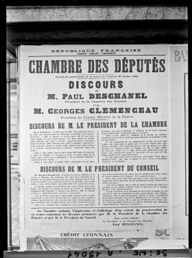 Image représentant Affiche des discours de Paul Deschanel et Georges Clemenceau à la Chambre des Députés le 18 octobre 1918