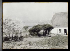 Image représentant Le jardin d'une maison de l'Ile-aux-Moines ; à l'arrière-plan, la baie