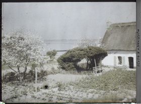 Image représentant Le jardin d'une maison de l'Ile-aux-Moines ; à l'arrière-plan, la baie