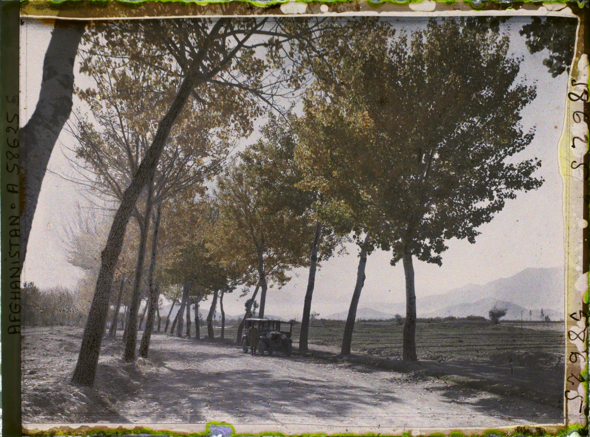 Image représentant Début de la route entre Paghman et Kaboul (sans doute un membre de la "Mission d'Etude des Chemins de Fer en Afghanistan" devant l'une des voitures de l'expédition)