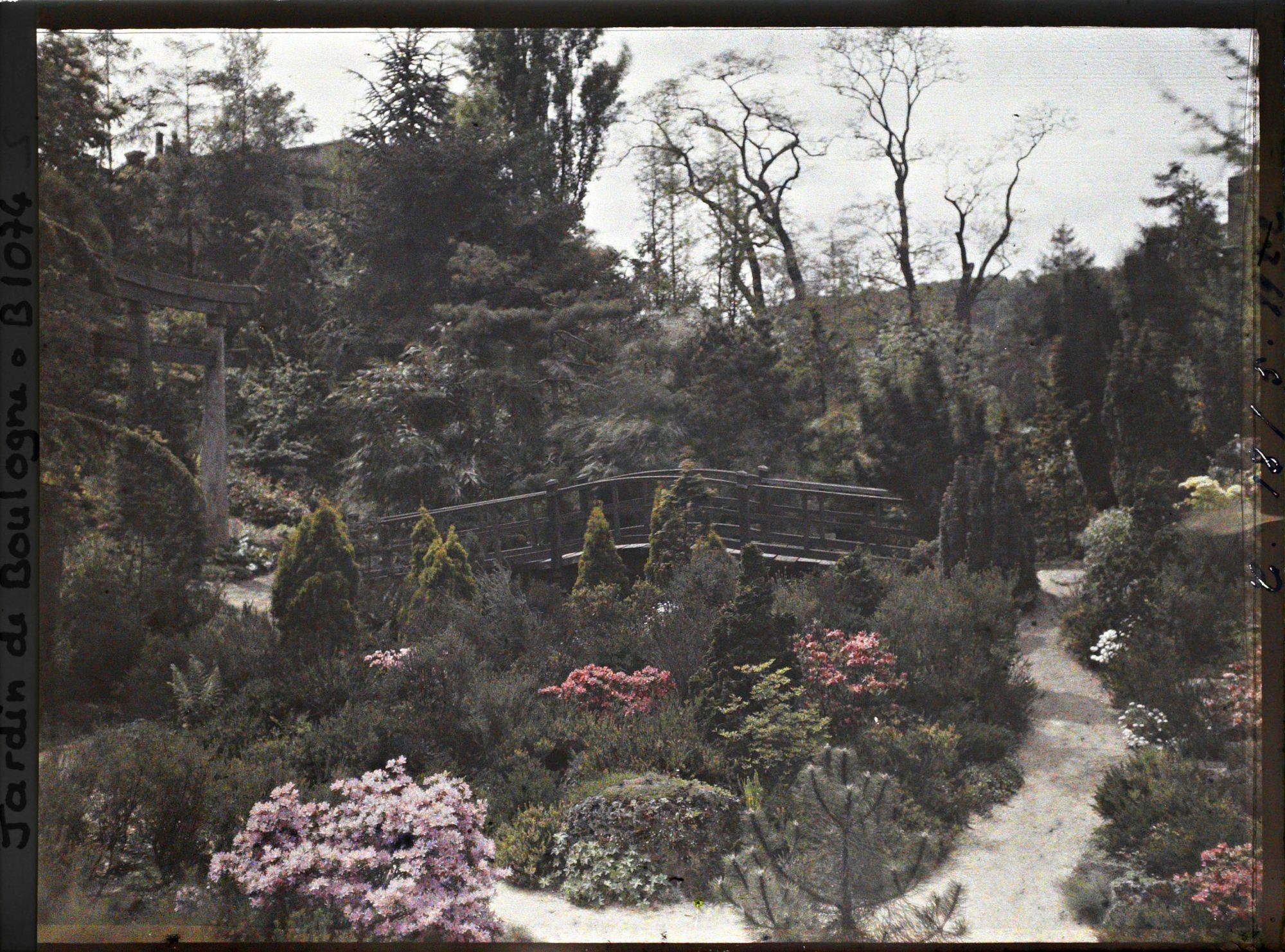 Image représentant Rocaille fleurie et pont du " sanctuaire japonais " entre torii et sorinto, vus en direction du quai