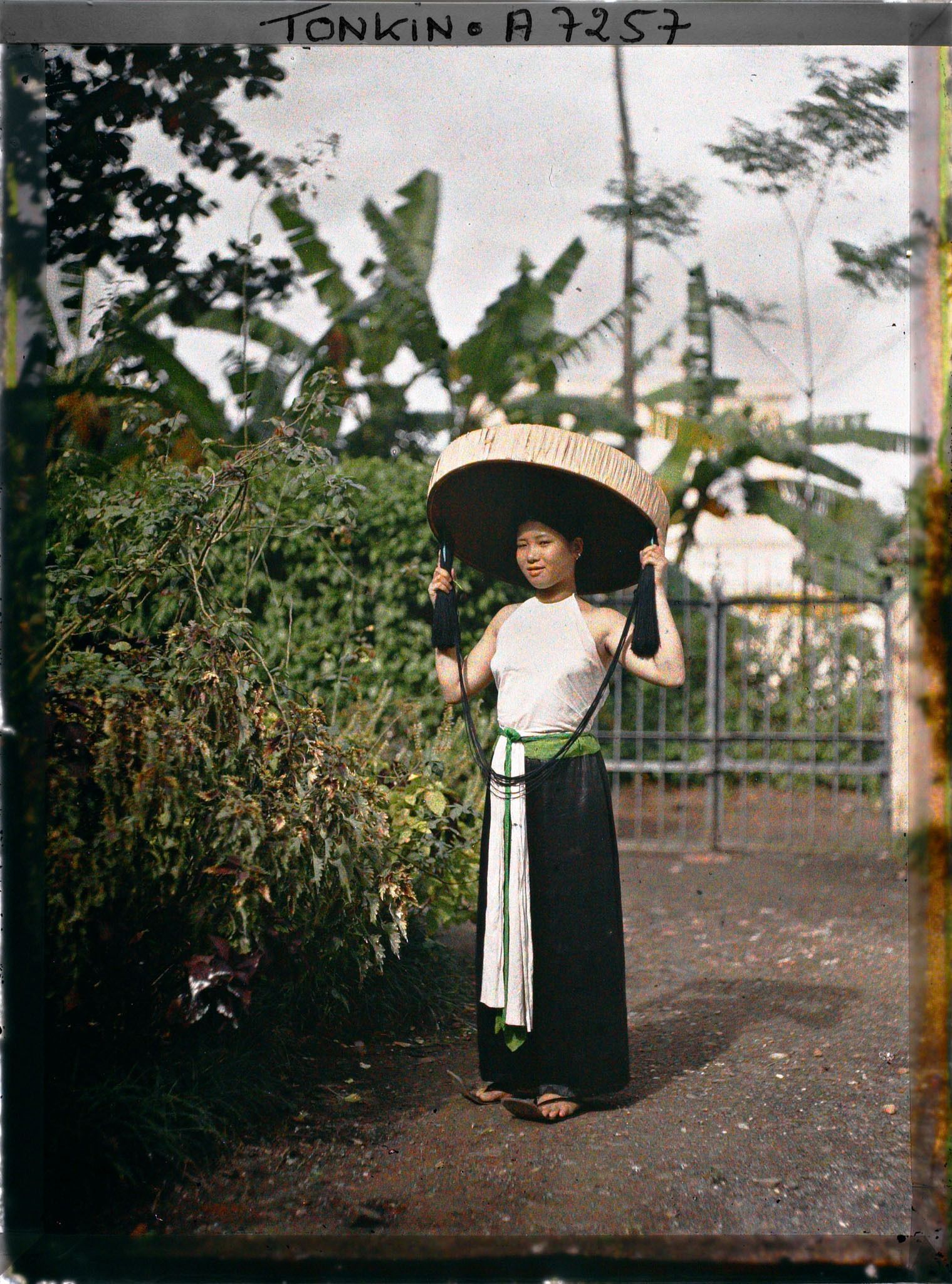 Image représentant Portrait d'une jeune femme de classe aisée en cache-sein, portant le grand chapeau en feuilles de latanier